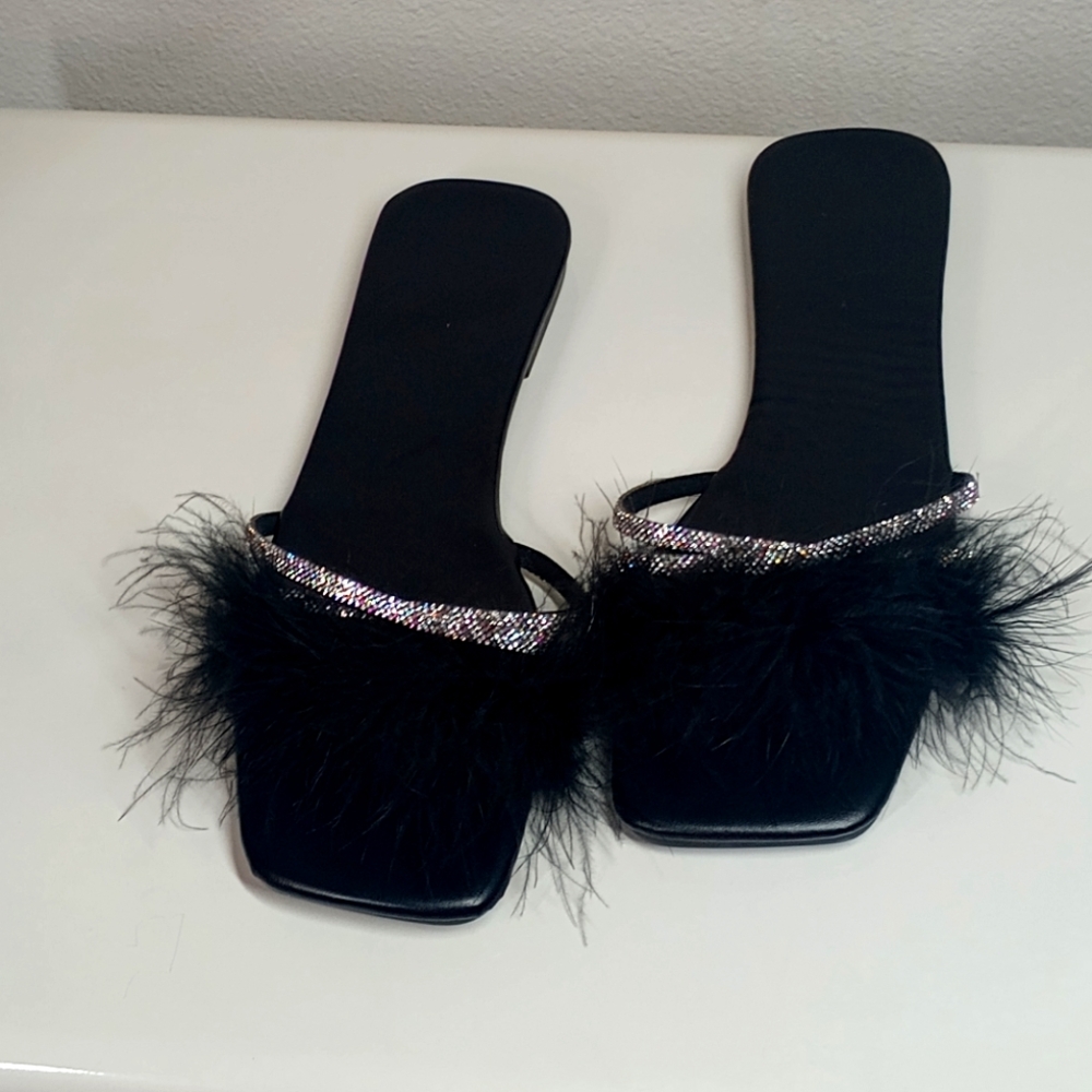 Slippers. Black Feathers and Rhinestones
